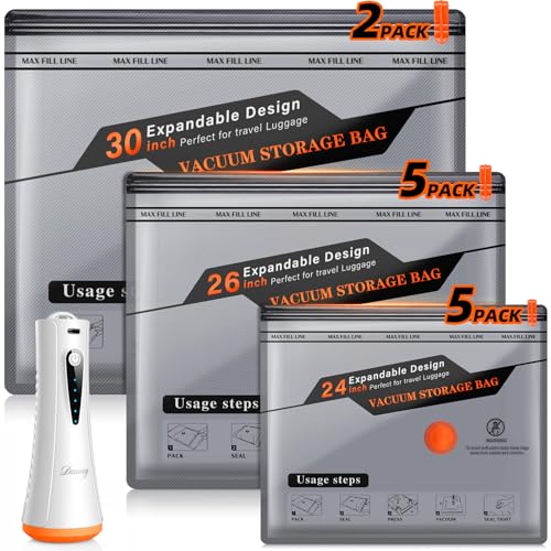 Vacuum Storage Bags for Travel with Rechargeable Air Pump, 12 Pack Space Saver Bags for Clothing, Luggage & Suitcase Compression, Efficient & Portable Storage Solution for Travel Essentials - color: White