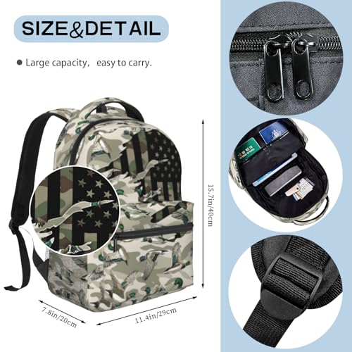 Wild Duck Camo Backpack for Boys Camo Hunter American Flag Duck School Bag for Elementary Middle School Daypack Travel Bookbag for Age 6-18 Teen Kids Back Pack - color: Wild Duck