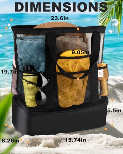 CaCTOUR Beach Bag with Cooler Compartment,Mesh Beach Bag Dry Wet Detachable with Zipper Pockets,Waterproof Sandproof Pool Bag - color: Black