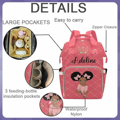 Newcos Personalized Crown Print Diaper Bag Backpack with Name Custom Afro Princess Mommy Nursing Baby Bags for Women,Customized Large Nappy Bags - color: 230112-13