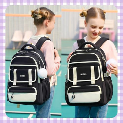 School Backpack for Girls, Laptop Backpack 15.6 Inch Kids Elementary Middle High School Bag Anti Theft Cute College Bookbags for Teens Girls Women Students Casual Travel Daypack,Black Beige - color: Black Beige