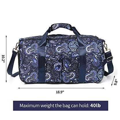 Boulder Bee Pickleball Bags, Premium Pickleball Tote Bag for Girls, Women’s Hand/Shoulder Gym Bag w Water Bottle Holder, with Pickleball Racquet/Paddle Holder - color: Duffel Bag-Blue cashew flower