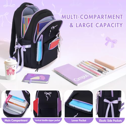 Kids Backpack for Girls - 3PCS Cute Embroidered Bow Girls Backpack with Insulated Lunch Bag & Pencil Case - Bookbag for Teen Women Middle High School College Work Travel Daypack - color: Black Purple