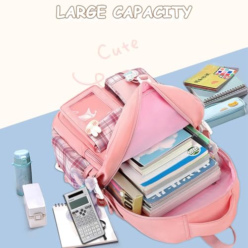 Girls Backpack with Lunch Box Cute School Backpack for Girls Kids Teens Kawaii Bookbag Set for Primary Elementary，Pink - color: Pink