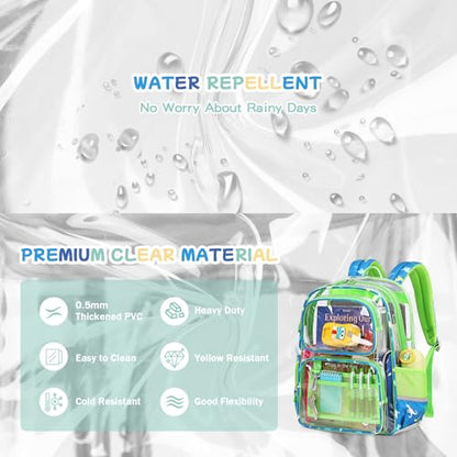 Sisipoet Clear Backpack for School, Heavy Duty PVC Transparent Bookbag, Funny Kids Backpacks with Dinosaurs Print, Green - color: Green/Dinosaurs