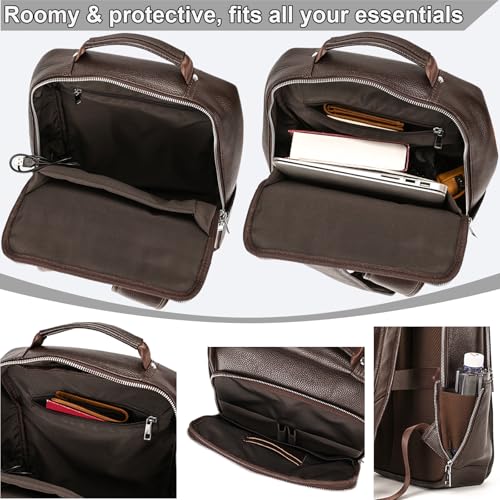 Genuine Leather 15.6 Inch Laptop Backpack for Men, Multi Pocket Slim Daypack Shoulder Bag with Trolley Sleeve for Business Travel (Brown) - color: Y80&28y Coffee