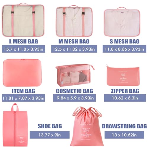 8 Set Packing Cubes for Suitcases, INVODA Travel Luggage Packing Organizers with Laundry Bag, Compression Storage Shoe Bag, Clothing Underwear Bag (Pink) - color: Pink
