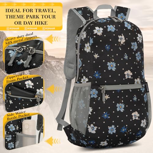 ZOMAKE Ultra Lightweight Hiking Backpack 20L, Packable Small Backpacks Water Resistant Daypack for Women Men(Black,White Polka Dot Floral) - color: Black,white Polka Dot Floral