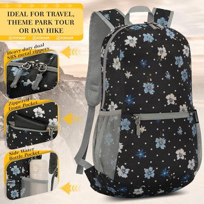 ZOMAKE Ultra Lightweight Hiking Backpack 20L, Packable Small Backpacks Water Resistant Daypack for Women Men(Black,White Polka Dot Floral) - color: Black,white Polka Dot Floral