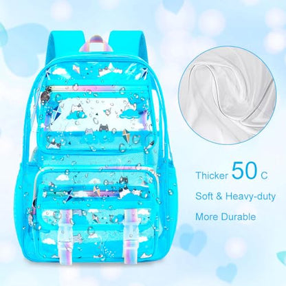 KLFVB Clear Backpack Heavy Duty, 3PCS Girls See Through School Bag Set, Cute Transparent Bookbag for Women - Cloud Cat Blue - color: Cloud Cat Blue Clear Backpack