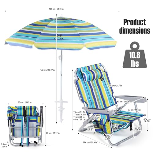 Nice C Beach Chair with Umbrella, Backpack Stripe Beach Chair for Adults, Sand Chair, High Back Lake Chairs, Sillas De Playa with Cooler, Cup Holder & Heavy Duty (Set of 1)