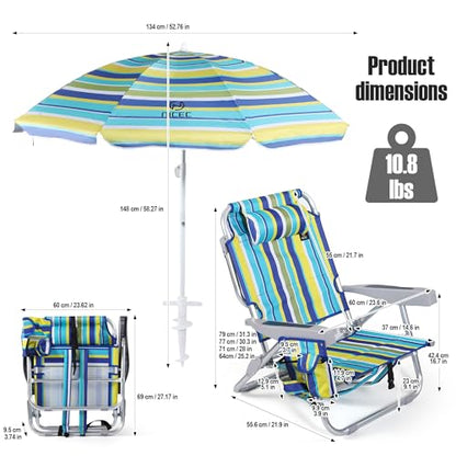 Nice C Beach Chair with Umbrella, Backpack Stripe Beach Chair for Adults, Sand Chair, High Back Lake Chairs, Sillas De Playa with Cooler, Cup Holder & Heavy Duty (Set of 1)