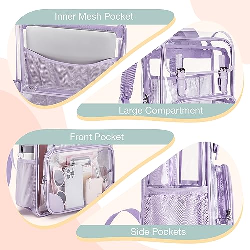 mommore Clear Backpack for Girls Heavy Duty Transparent Bookbag for School PVC See Through Backpack Clear Bag - color: Purple, style: Clear Backpack