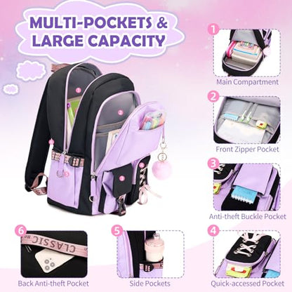 ACESAK Backpacks for Girls, Girls Backpack with Lunch Box and Pencil Case for Teen Kids Elementary Middle High School College Student, Children School Backpack Bookbag with USB Charging Port (Purple) - color: Black & Purple