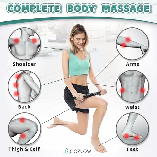 Muscle Roller Stick - Black Green - Hand Held Body Massager with 9 Rollers & Non-Slip Handles - Deep Tissue Massage & Maximum Muscle Recovery - Leg, Back, Arm, Thigh, Butt Sculpting Tool - by Cozlow - color: Black, Green