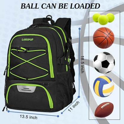 LARIPOP Basketball Backpack Large Basketball Bag with Ball Holder & Shoe Compartment for Adults Men Women - color: Green