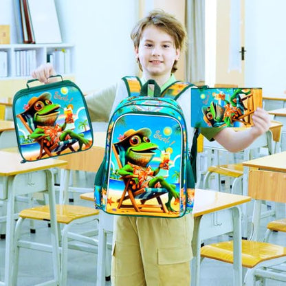 3Pcs Kids Backpack for Boys, 16" Frog Kindergarten Preschool Elementary Bookbag Set, School Backpacks with Lunch Box(Green) - color: Frog Green