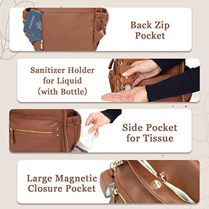 miss fong Small Diaper Bag Mini Diaper Bag Backpack Mini Backpack with 11 Pockets Baby Diaper Bag with Hand Sanitizer Holder, 2 Insulated Pockets - color: Brown
