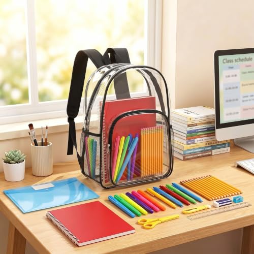 Amylove 29 Pcs Clear Backpacks with Study Supplies, 16in Transparent PVC Bag for Elementary, Intermediate, or High School, Stadium Approved See Through Bookbag to Study Supplies for Students - size: 16in