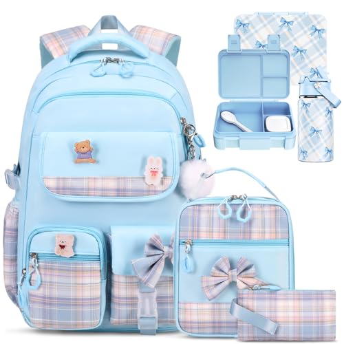 ACESAK 5PCS Backpack for Girls with Bento Box & 14oz Insulated Water Bottle - Cute School Girls Backpacks for Elementary Preschool Middle with Lunch Bag & Pencial Case, Back To School Gift (Blue) - color: Blue