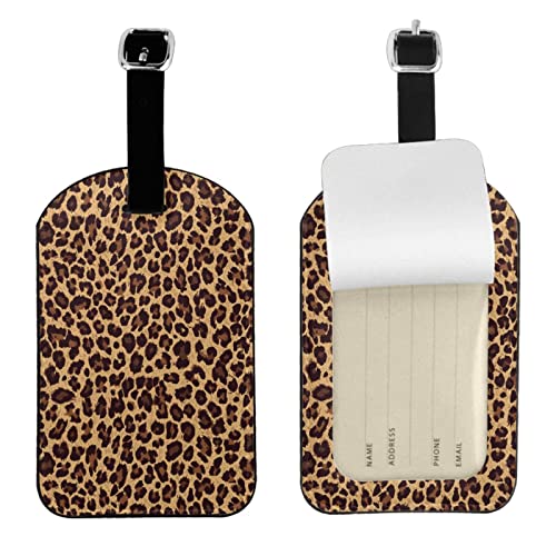 Leopard Grain Leather Luggage Tags for Travel Baggage Bag Name Id Labels with Privacy Cover for Suitcase 2 Pack - color: Leopard Grain
