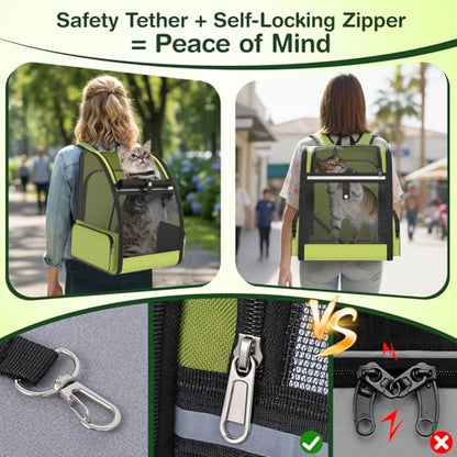 Cat Backpack Carrier for Travel Hiking: Expandable Foldable Breathable Mesh Soft Sided Ergonomic Design Small Dog Puppy Kitty up to 15lbs Camping Outdoor Green