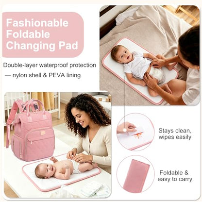 Weitars Diaper Bag Backpack Travel Diaper Backpack, Large Baby Diaper Bag with Changing Pad Baby Bag for Boys Girls, Insulated Pockets, Waterproof Baby Backpack for Mom & Maternity (Pink) - color: Pink
