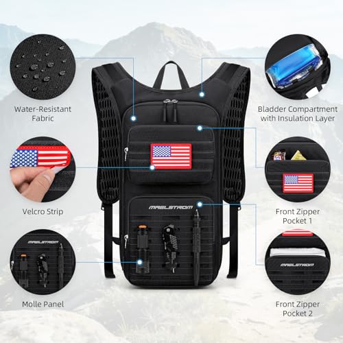 Maelstrom Tactical Hydration Backpack,Water Pack with 2L Water Bladder | BPA-free,MOLLE Compatibility,lightweight,insulated layer, Breathable back panel and shoulder,for running/hunting/cycling - color: Black