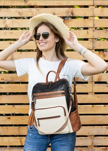 Shrrie Backpack Purse for Women Leather Fashion Designer Travel Backpack Convertible Shoulder Satchel Bag for College Work - color: 3-1 Black With Brown and White