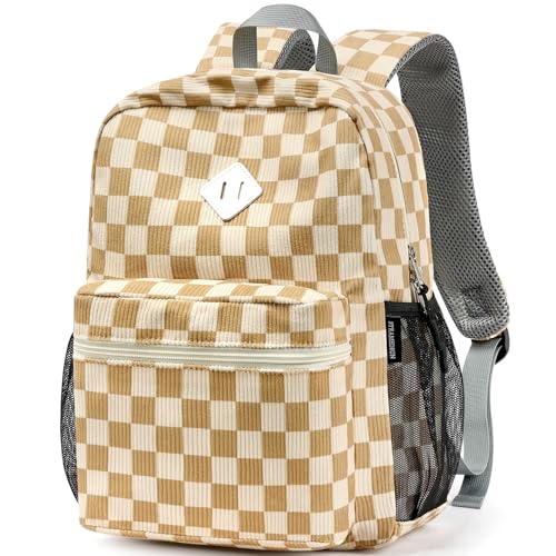 STEAMEDBUN Corduroy Kids Backpack for Girls Boys 3-8, Boys Girls Backpack for Elementary Kindergarten - Checkered - color: Corduroy Brown Checkered, size: Small-15"H(fits folder)