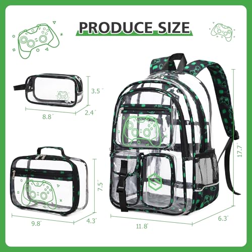 DIGOBAY 3PCS Cool Luminous Clear Backpack for Boys Kids, Gamer Clear Bookbag for School, See Through PVC Transparent Backpacks with Lunch Bag Pencil Case, Backpack Heavy Duty for School Stadium - color: Green
