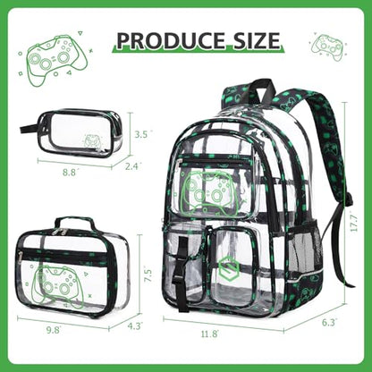 DIGOBAY 3PCS Cool Luminous Clear Backpack for Boys Kids, Gamer Clear Bookbag for School, See Through PVC Transparent Backpacks with Lunch Bag Pencil Case, Backpack Heavy Duty for School Stadium - color: Green