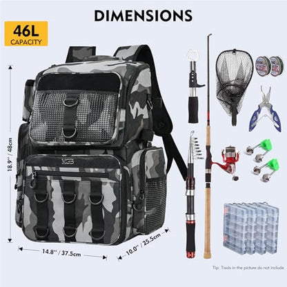 MGB 46L Water-resistant Fishing Tackle Backpack with Rod Holders - color: Grey+black Camo（without Tackle Box）