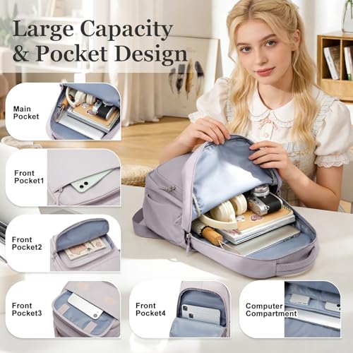 Cute School Backpack for Teens Girls Boys Waterproof School Bag Basic Backpack for College Students Multi Pocket Backpack Lightweight Casual Daypack Backpacks for Women Men（Purple） - color: Purple