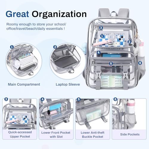 Sisipoet Clear Backpack for School, PVC Clear Bookbag Heavy Duty Transparent Backpack for Stadium Events See Through Bag - color: Grey