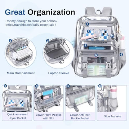 Sisipoet Clear Backpack for School, PVC Clear Bookbag Heavy Duty Transparent Backpack for Stadium Events See Through Bag - color: Grey