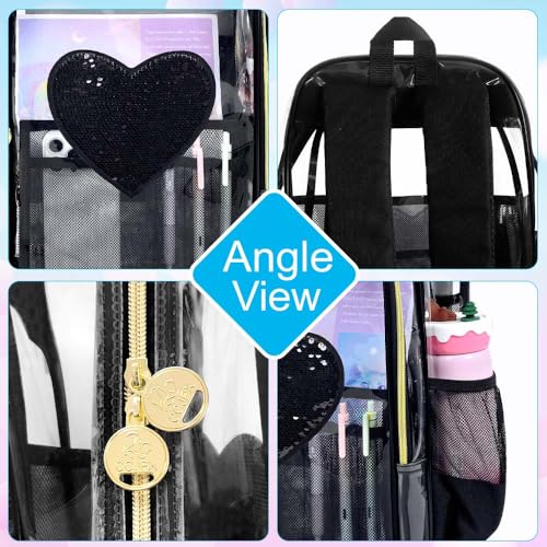 gxtvo 3PCS Clear School Backpack Heavy-Duty Set for Women & Teen Girls, 17" See Through Bookbag with Luxurious Gold Zipper, Black Sequins Transparent Bag - color: Black Sequins Clear Backpack Set