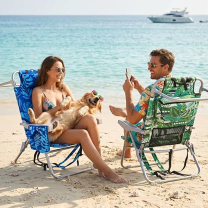 Palm Leaves Beach Chair Heavy Duty 330 lbs, 5-Position Lay Flat Folding Backpack Beach Chair with Cooler for Adults, Reclining Sand Chair for Beach Poolside Vacation(Blueleaves,1PK)