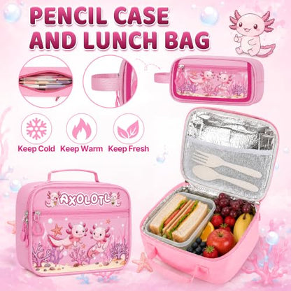 Axolotl Backpack for Girls, 4 PCS Girls Backpack with Lunch Box Set, Cute Kawaii Large Laptop Bookbag, School Bag for Elementary Kids & Teens - color: Axolotl