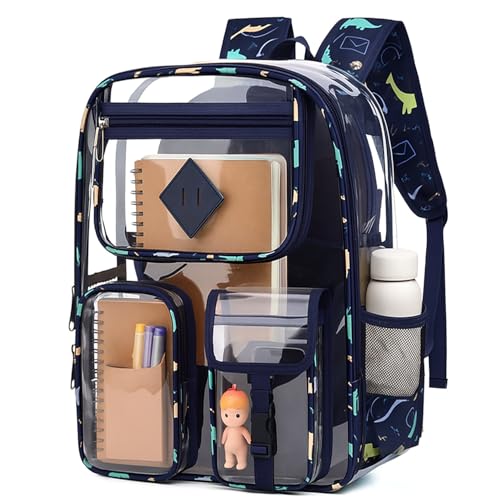 Clear Backpack-Heavy Duty PVC clear backpack for Stadium/Travel/Work,Dual Zippered Compartments&Mesh Side Pockets (blue Dinosaur) - color: Blue Dinosaur