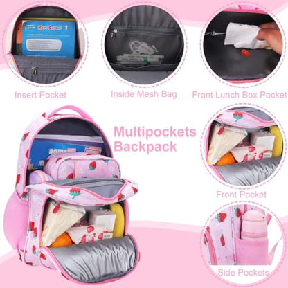 RHCPFOVR Kids Backpack for Girls - Girls Backpack 3-8 Ages Strawberry for Kids 15 Inch School Bookbag for Kindergarten Elementary School Bookbag for Girl 1st 2nd Grade - style: Pink Strawberry