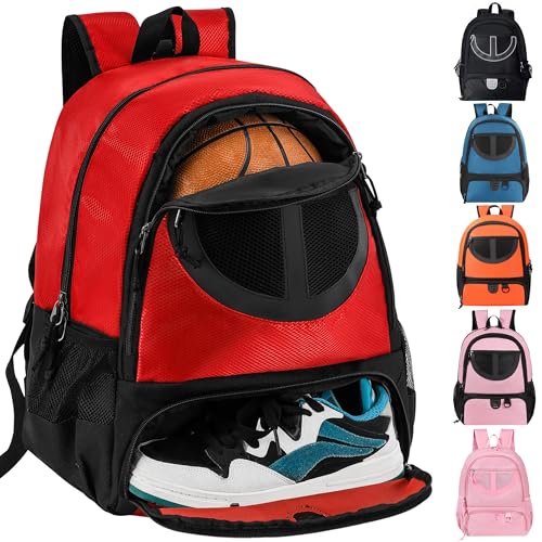Basketball Bag Backpack for Men Women with Ball & Shoes Compartment 30L Capacity Lightweight Breathable Boys Girls Soccer Ball Bag Backpack Fit Volleyball Football Sports Travel School Gym - color: TK8Red