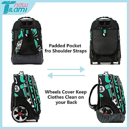 NEW TILAMI 19 inch Rolling Backpack Teens Rolling Backpack Cute Wheeled Laptop Backpack Bookbag Roller Travel Bag College, Surf Rider - color: Green Surf Rider
