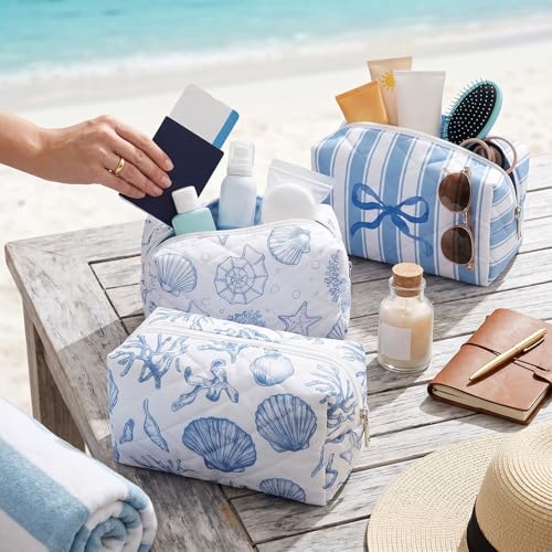 Hillban 6 Pcs Ocean Quilted Cosmetic Bags Coastal Themed Gifts Ocean Aesthetic Essential Makeup Bags Starfish Coral Seashell Beach Kit for Women Travel Vacation Accessories(Seashell) - style: Seashell