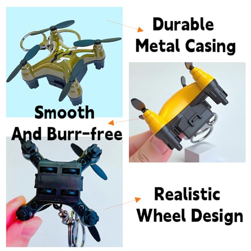2 Pcs Alloy Drone Keychains, 3D Drone Model Keychain for Bags, Purses, Keyrings & Charm Decor — Yellow and Camouflage
