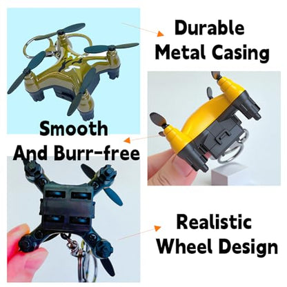 2 Pcs Alloy Drone Keychains, 3D Drone Model Keychain for Bags, Purses, Keyrings & Charm Decor — Yellow and Camouflage