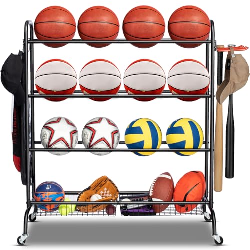 EXTCCT Basketball Rack, Rolling Basketball Shooting Training Stand,Sports Equipment Storage with Wheels, Four-Layer Organizer Holder with Two Basket for Basketballs Footballs Volleyball - color: Standard Black