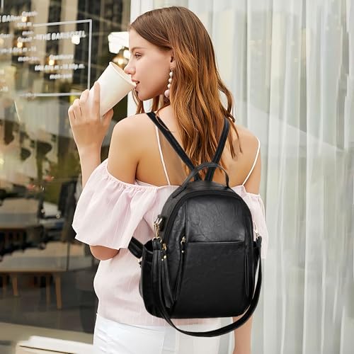 Small Backpack for Women Designer Leather Mini Backpack Purse Ladies Fashion Roomy Shoulder Handbag - color: Black