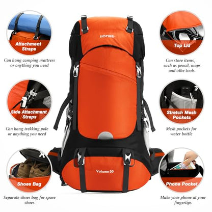 HOMIEE 50L Hiking Backpack Travel Bag Waterproof Camping Rucksack with Rain Cover Lightweight Backpacking Backpack - color: Orange