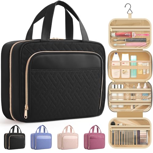 HOTOR Travel Toiletry Bag for Women & Men, Waterproof Makeup Bag with Hanging Hook and Multiple Pockets, Cosmetic Bags for Women, Travel Essentials, 12.6'' x 4.3'' x 9.9'', Black - color: Black, size: Large